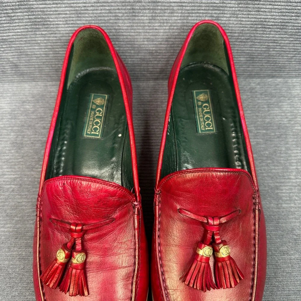 Gucci Vintage Red Leather Tassel Loafers 43.5 D Made in Italy 110 0030